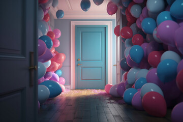 3D render of colorful balloons floating around a closed door