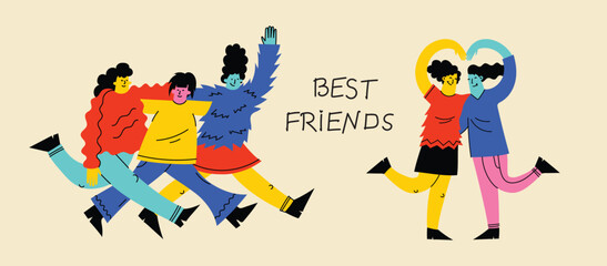 Best friends cocept illustration. Vector illustration of multicultural girls and multicultural friendship. Happy friendship day. Teenage girl friends hugging and having fun.
