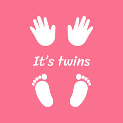 Baby footsteps of hand and leg. Newborn  twins.It's boy and girl. Twin icon. Heart frame shape.