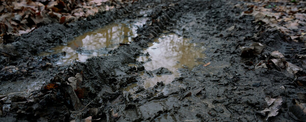 Muddy rural road with large puddle with dirty brown water on farm field in rain season. © Bonsales