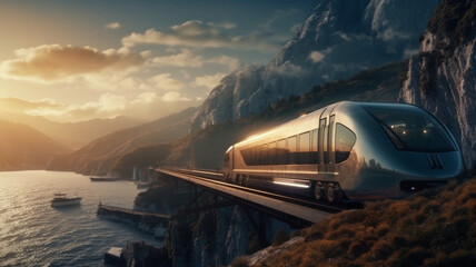 Fototapeta na wymiar A modern train against the backdrop of a beautiful landscape. nature in the background