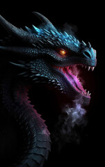 Fantasy dragon art for gaming cover art. Isolated on black background. Dragon head with smoke. Ai generated artwork