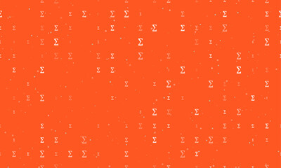 Seamless background pattern of evenly spaced white sigma symbols of different sizes and opacity. Vector illustration on deep orange background with stars