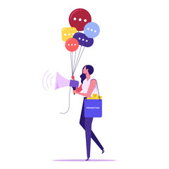 Communication or PR, Public Relations manager to communicate company information and media, announce sales or promotion concept, businesswoman holding speech bubble balloons while talking on megaphone