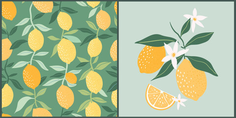 Summer seamless pattern and poster, card with lemons, branch with fruits, flowers and leaves, seasonal design