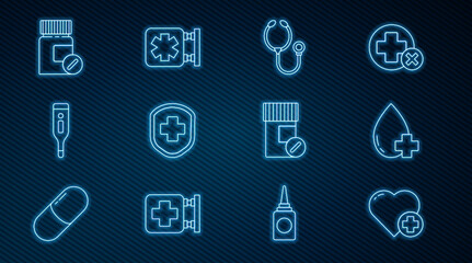 Set line Heart with a cross, Donate drop blood, Stethoscope, Medical shield, digital thermometer, Medicine bottle and pills, and symbol of Emergency icon. Vector