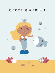 Birthday party, greeting card, party invitation. Kids illustration with cute mermaid. Vector illustration.