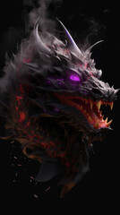 Fantasy Chinese dragon art for gaming cover art. Isolated on black background. Dragon head with smoke. Purple and black color. Ai generated artwork