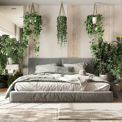 Home garden, minimal bedroom in white and bleached wooden tones. Master bed, parquet floor and many houseplants. Urban jungle interior design. Biophilia concept
