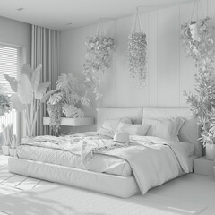 Total white project draft, home garden, minimal bedroom. Master bed, parquet floor and many houseplants. Urban jungle interior design. Biophilia concept
