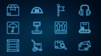 Set line Envelope, Conveyor belt with cardboard box, Location marker, Scale, Umbrella, Carton, This side up and Hangar icon. Vector