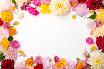 A white background topped with vibrant flowers such as Daisy, rose, Marigold, cherry blossom and chrysanthemum. copy space, for banners, cards, mockups, backgrounds and templates in various situations