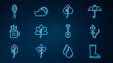 Set line Waterproof rubber boot, Kite, Leaf or leaves, Cup tea, Honey dipper stick, Shovel and Sun and cloud weather icon. Vector