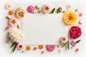 Obraz na płótnie Canvas A white background topped with a parchment card template and lots of beautiful flowers such as daisy, rose, cherry blossom, eucalyptus, chrysanthemum, marigold and Peony. ai-generated