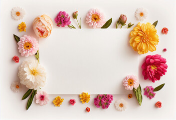 A white background topped with a parchment card template and lots of beautiful flowers such as daisy, rose, cherry blossom, eucalyptus, chrysanthemum, marigold and Peony. ai-generated