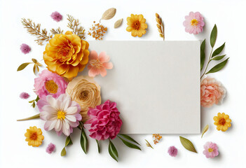 A white background topped with a parchment card template and lots of beautiful flowers such as daisy, rose, cherry blossom, eucalyptus, chrysanthemum, marigold and Peony. ai-generated