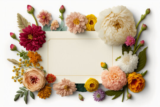 A white background topped with a parchment card template and lots of beautiful flowers such as daisy, rose, cherry blossom, eucalyptus, chrysanthemum, marigold and Peony. ai-generated