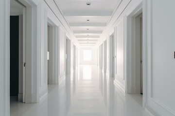 Endless hallway with white doors in bright office interior. Generative AI