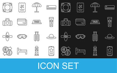 Set line Mobile with review rating, Elegant women hat, Sunscreen cream tube, protective umbrella for beach, Credit card, Suitcase, Lifebuoy and Taxi roof icon. Vector