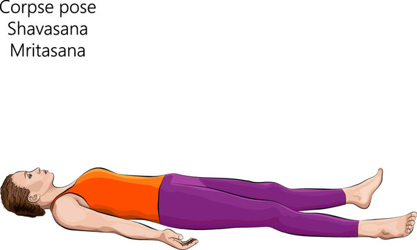 Young woman practicing yoga exercise, doing Corpse pose. Shavasana or Mritasana. Supine and Neutral. Beginner. Vector illustration isolated on white background.
