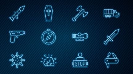 Fototapeta premium Set line Swiss army knife, Sword, War axe, Compass, Pistol gun, Rocket launcher, Sniper optical sight and Coffin with cross icon. Vector