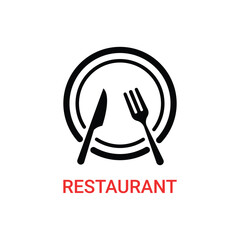fork and knife on plate like restaurant logo. concept of equipment for lunch and brunch or catering service. abstract flat logotype graphic simple design web badge element isolated on white background