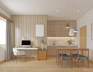 Modern japan style kitchen room decorated with dining table and home office desk, white wall and wood slat wall. 3d rendering