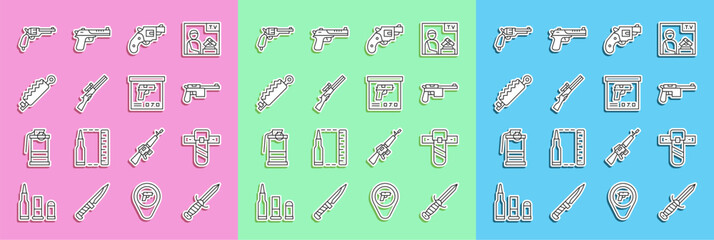 Set line Military knife, Knife holster, Mauser gun, Small revolver, Hunting, Trap hunting, Revolver and ammunition box icon. Vector