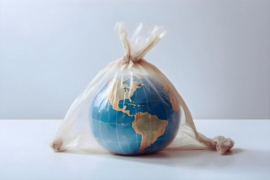 Planet Earth in a plastic bag, environmental pollution, Generative AI