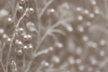 intricate design with pearls. Close up of detail on wedding gown