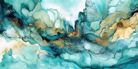 Fototapeta na wymiar Fluid art abstract with swirling blue and gold hues, resembling marbled waves or a natural aerial landscape, AI generated. 