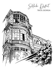 Traditional Georgian residential building with courtyard framed with glassed balconies. Tbilisi, Georgia. Black Line drawing isolated on white background. EPS10 vector illustration