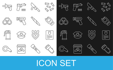 Set line Police electric shocker, The arrest warrant, Walkie talkie, Bloody knife, Handcuffs, megaphone and Marijuana joint icon. Vector