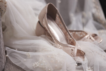 Closeup of fashionable bridal wedding shoes