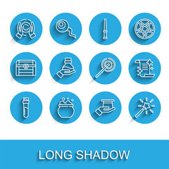 Set line Bottle with potion, Witch cauldron, Magic ball hand, Magician hat in, wand, Ancient magic book and icon. Vector