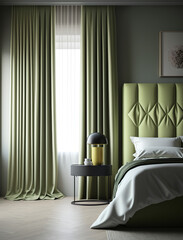 Pistachio curtains in contemporary bedroom design. Generative AI