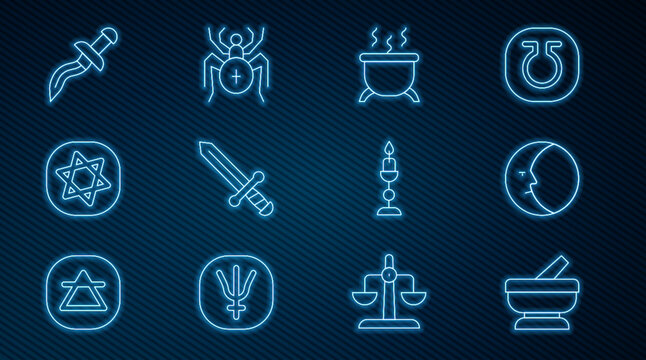 Set line Mortar and pestle, Moon, Witch cauldron, Medieval sword, Tarot cards, Dagger, Burning candle and Spider icon. Vector