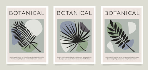 Fototapeta na wymiar Aesthetic posters with tropical leaves in a minimalistic style. Design for pattern, logo, posters, invitation, greeting card. Minimalist hand draw abstract art background.