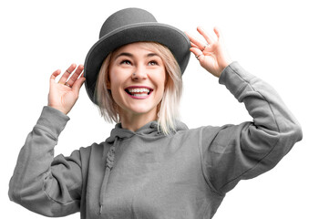 PNG Shot of a smiling woman. Beautifu youngl woman wearing gray hat and in a gray sweatshirt.
