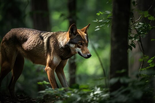 AI Generative. "Unleash Your Inner Hunter - Explore the Vibrant Forests of Southeastern United States with Red Wolves!"