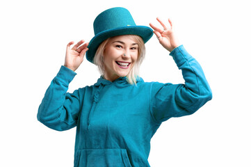 Smiling woman. Beautifu young woman wearing blue hat and in a blue sweatshirt.