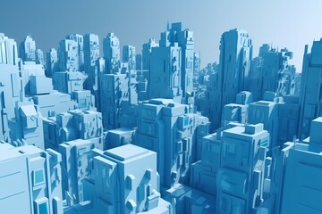 3d illustration, 3d style. Futuristic city. Blue background. Metaverse. Digital world. Online Realty in Virtual City. Real Estate Market in Metaverse. Generative Ai.