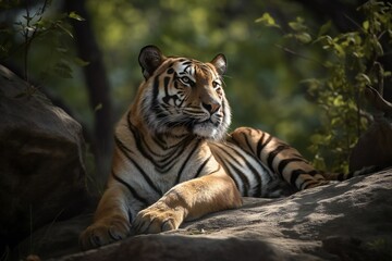 AI Generative - Regal Rest Endangered Tiger Basks in Warm Sunlight