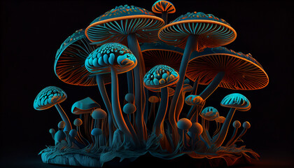 Mashroom neon illustration in dark background. Neon Mashroom Ai generated image