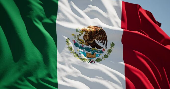 Close-up of the national flag of Mexico flutters in the wind on a sunny day , 4k slow motion