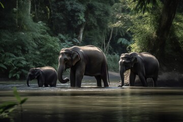 AI Generative - Wild Wonder Sumatran Elephant Family Takes a Dip in a River
