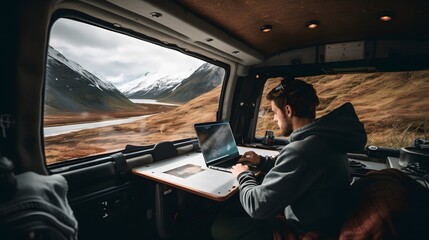 Fototapeta premium A digital nomad working on a laptop from the comfort of a cozy camper van parked in a scenic mountain landscape. Generative Ai.