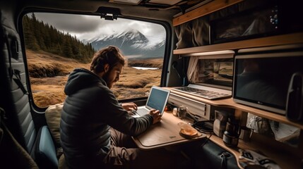 A digital nomad working on a laptop from the comfort of a cozy camper van parked in a scenic mountain landscape. Generative Ai.