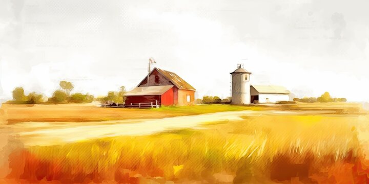 Farmland with silos watercolor painting, generative ai