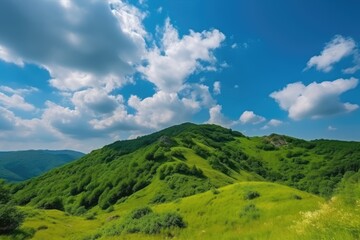 Fototapeta na wymiar Cloudy blue sky and green hill mountains are beautiful places. Generative Ai